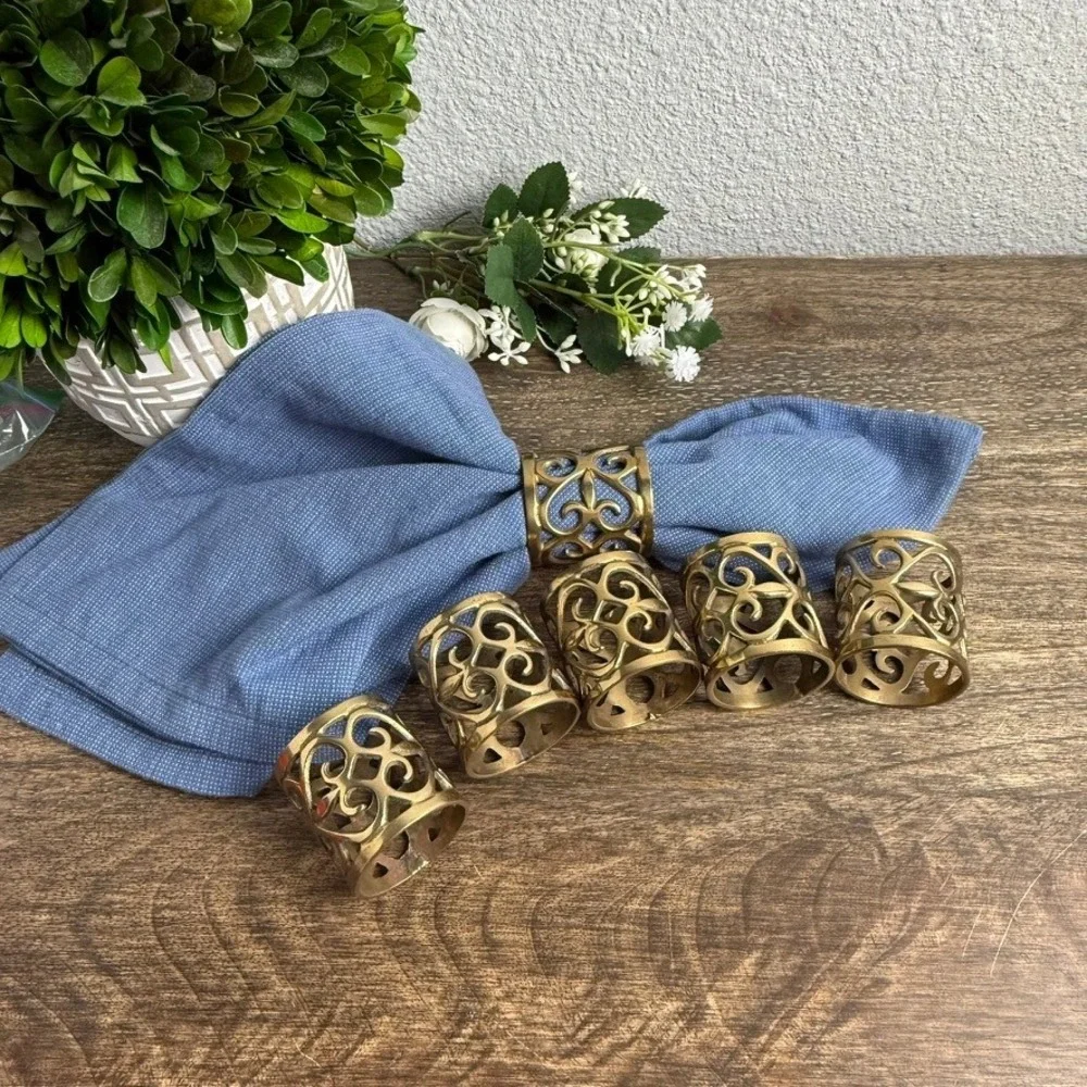 1970s Vintage Napkin Rings Set of 6 Gold Tone Openwork Scroll French Country